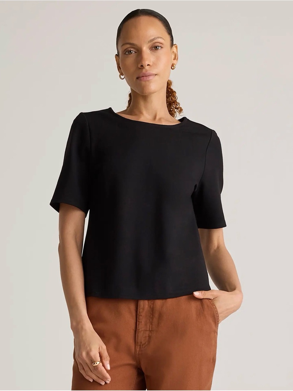 Quince Ultra-Stretch Ponte Short Sleeve Top in Black